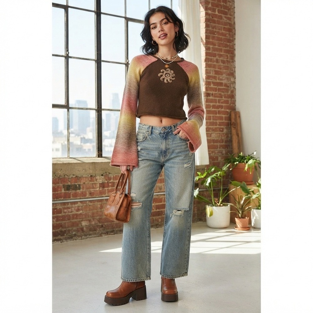 UNIF Sunset Sweater Raglan Long Sleeve Sun Patch Cropped Knit Brown Multi Medium